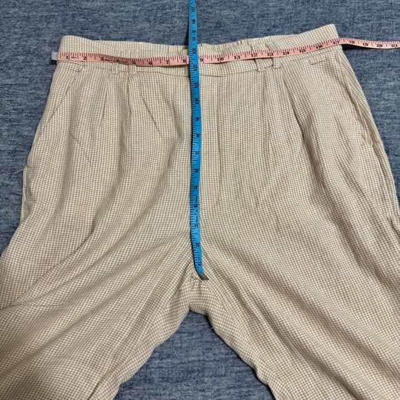 Abercrombie & Fitch Long Linen-blend Pleated Tapered Pants Beige Gingham Size L - Picture 7 of 8